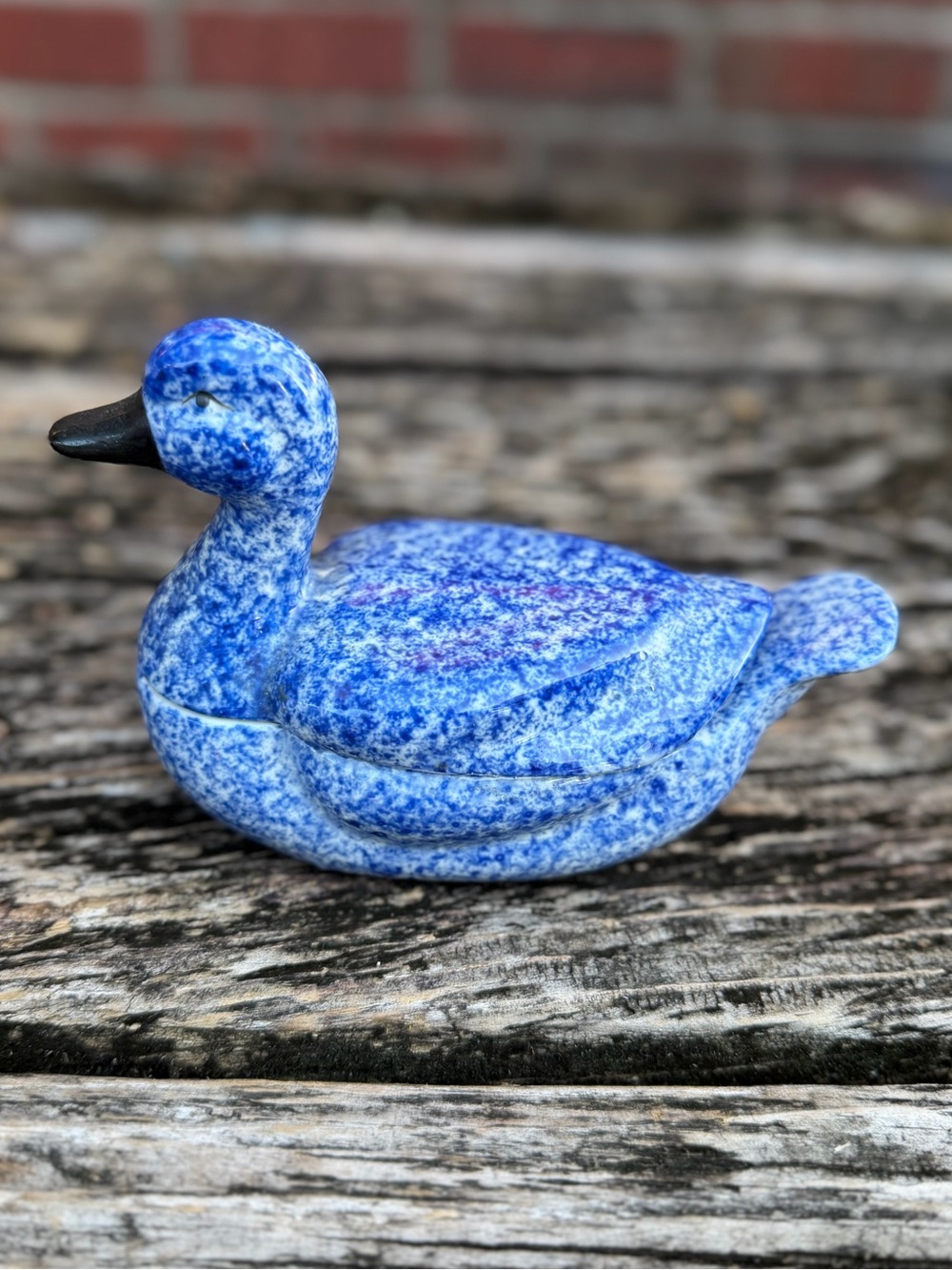 Enesco Ceramic Blue & White Speckled Spongeware Duck 2 Piece Trinket Box P6